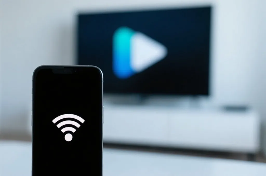 A sleek smartphone displaying a generic wireless casting icon in the foreground, with a large blurred smart TV screen in the background, modern tech aesthetic, clean lighting