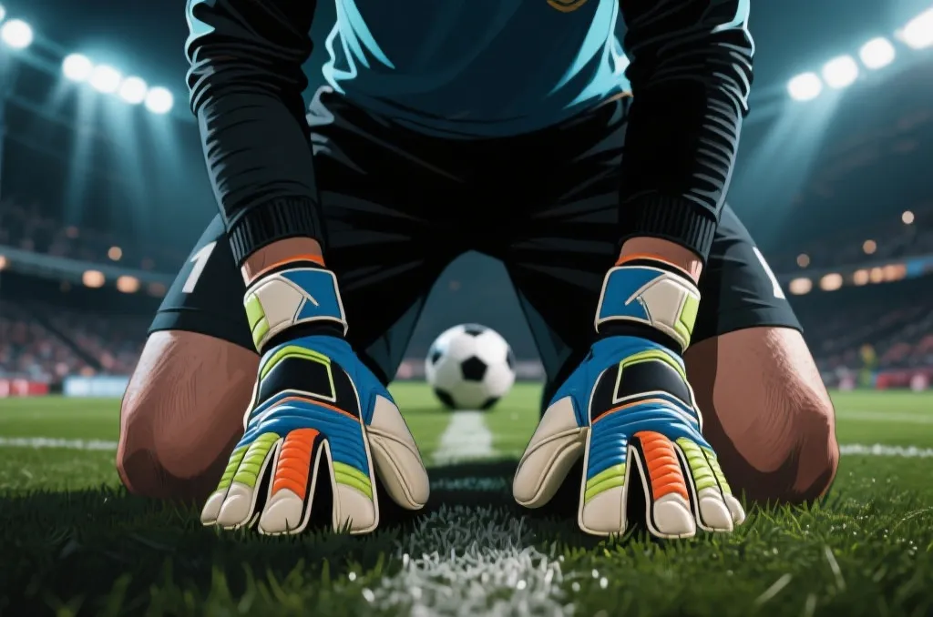 A close-up of a soccer goalkeeper's hands in gloves resting on knees during a penalty shootout, intense focus, dramatic stadium lights, artistic illustration